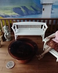 1:12 Dollhouse miniature fire pit Battery operated firepit in copper tone with flickering embers and wood sticks Dual function firepit/ patio coffee table