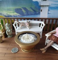 1:12 Dollhouse miniature modern style golden fire pit Battery operated faux metal fire bowl with moving flame