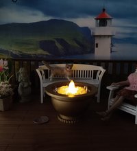 1:12 Dollhouse miniature modern style golden fire pit Battery operated faux metal fire bowl with moving flame