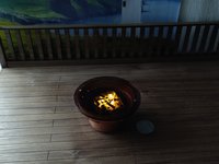 1:12 Dollhouse miniature fire pit Battery operated firepit in copper tone with flickering embers and wood sticks Dual function firepit/ patio coffee table