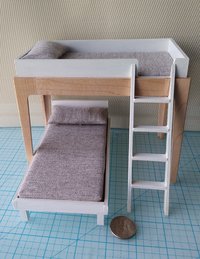 RESERVED 1:12 Dollhouse modern bunk bed with hard maple frame and legs removable lower bed, ladder, plus two fitted mattresses and two pillows