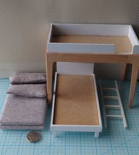 RESERVED 1:12 Dollhouse modern bunk bed with hard maple frame and legs removable lower bed, ladder, plus two fitted mattresses and two pillows