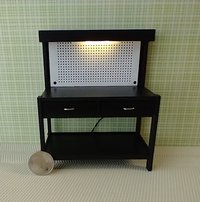 1:12 dollhouse multi-purpose black work bench with peg board AND built-in battery operated light and two working drawers