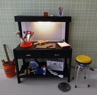 1:12 dollhouse multi-purpose black work bench with peg board AND built-in battery operated light and two working drawers