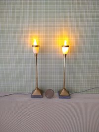 1:12 Dollhouse torch light with flickering flames Battery operated floor light brass post on faux concrete stone with external wires Price is for EACH