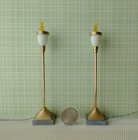 1:12 Dollhouse torch light with flickering flames Battery operated floor light brass post on faux concrete stone with external wires Price is for EACH