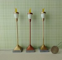 1:12 Dollhouse torch light with flickering flames Battery operated floor light brass post on faux concrete stone with external wires REF Copper finish