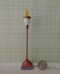 1:12 Dollhouse torch light with flickering flames Battery operated floor light brass post on faux concrete stone with external wires REF Copper finish
