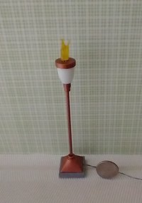 1:12 Dollhouse torch light with flickering flames Battery operated floor light brass post on faux concrete stone with external wires REF Copper finish