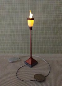 1:12 Dollhouse torch light with flickering flames Battery operated floor light brass post on faux concrete stone with external wires REF Copper finish