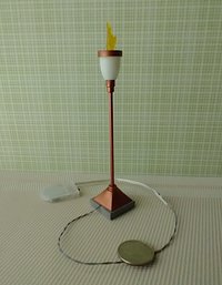 1:12 Dollhouse torch light with flickering flames Battery operated floor light brass post on faux concrete stone with external wires REF Copper finish