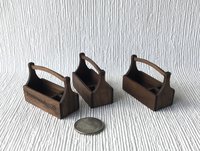 1:12 dollhouse tool tote in solid walnut Miniature tool tote for wood shop or gardening Each tote comes with 4 tools Price is for ONE tote and tools set