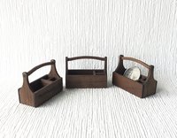 1:12 dollhouse tool tote in solid walnut Miniature tool tote for wood shop or gardening Each tote comes with 4 tools Price is for ONE tote and tools set