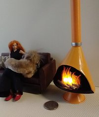 1:12 Dollhouse miniature Mid century modern free standing fireplace MCM orange fireplace inspired by Malm fireplace Retro fireplace REF orange