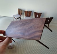 1:12 Dollhouse dining table and four chairs set in solid walnut Mid-century styled dining set