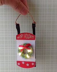 1:12 scale dollhouse wooden sled with green wreath Battery lighted Happy Holidays sign REF Lighted wreath