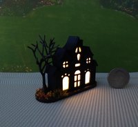 RESERVED Miniature light up halloween haunted house with leafless tree Battery operated for 1-inch scale or play scale REF 1