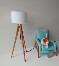 RESERVED for Robin 1:12 Dollhouse miniature tripod floor lamp cherry wood legs Modern tripod lamp Battery operated floor lamp with external wires