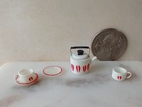 1:12 Dollhouse white teapot and cups set Mid-century modern themed tea set of the 70s MCM teapot set
