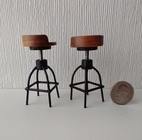 1:12 scale set of two barstools with low back cherry seat and brass legs Industrial style with adjustable seat height