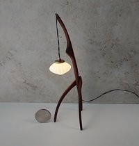 1:12 dollhouse miniature mid-century style floor lamp with sculptural tripod legs in solid cherry Rispal inspired Praying mantis lamp Battery operated LED lamp REF Walnut wood