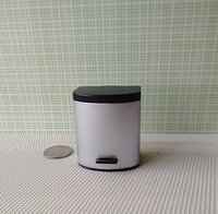 1:12 Dollhouse kitchen trash can in silvery finish with black pedal hinged black lid Modern styled trash can Kitchen garbage can