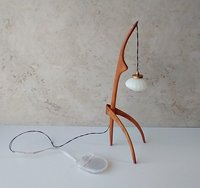 1:12 dollhouse miniature mid-century style floor lamp with sculptural tripod legs in solid cherry Rispal inspired Praying mantis lamp Battery operated LED lamp REF Cherry wood