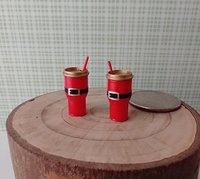 RESERVED for Judy 1:12 Dollhouse miniature holiday tumblers in red with black Santa belt decal + removable lid and red straw Two units