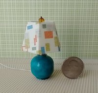 1:12 dollhouse mid-century themed table lamp with hexagonal shade Battery operated dollhouse table lamp on external wires REF Turquoise vase