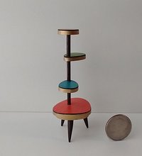 1:12 Dollhouse mid-century style plant stand inspired by Formica 4-tier plant stand with tapered legs REF Loweest coral red platform