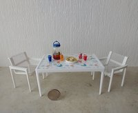1:12 scale dollhouse patio / deck dining TABLE inspired by Richard Scultz's 1966 aluminum dining table REF clear top and MCM themed vinyl paper