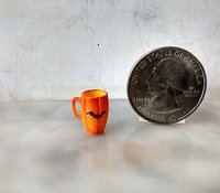 1:12 Dollhouse miniature pumpkin mug with surface ridges and bat decals REF Bats