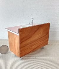 1:12 Dollhouse mid-century style bath single sink vanity cabinet Angled cabinet undermount sink with backsplash and sliding doors