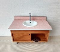 1:12 Dollhouse mid-century style bath single sink vanity cabinet Angled cabinet undermount sink with backsplash and sliding doors
