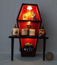 1:12 Dollhouse battery lighted coffin showcase with 3 LEDs and a built-in table