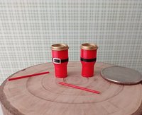 RESERVED for Judy 1:12 Dollhouse miniature holiday tumblers in red with black Santa belt decal + removable lid and red straw Two units