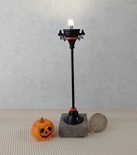 1:12 scale dollhouse pumpkin street lamp with brass post on faux concrete block Halloween decorative floor lamp No external wires REF 2-Faced Jack
