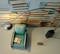 1:12 Dollhouse arc floor lamp with faux marble base Mid century modern inspired lamp Battery operated LED lamp on external wires REF Black base