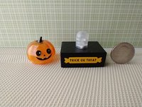 Battery lighted miniature faux glass Jack-o-Lantern Pumpkin light on black stand Halloween light for 1-inch scale or play scale