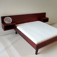 1:12 dollhouse MCM platform bed with built in night stands in solid African padauk comes with cotton fabric covered mattress