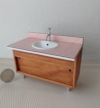 1:12 Dollhouse mid-century style bath single sink vanity cabinet Angled cabinet undermount sink with backsplash and sliding doors