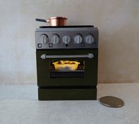 RESERVED 1:12 Dollhouse gas stove with  light up oven and four burners with suggested blue flames Door and faux drawer in green