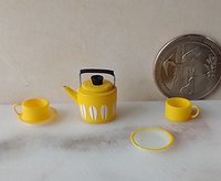 1:12 Dollhouse yellow teapot and cups set Mid-century modern themed tea set of the 70s MCM teapot set