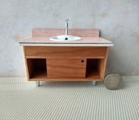 1:12 Dollhouse mid-century styled bath single sink vanity cabinet Angled cabinet undermount sink with backsplash and sliding doors
