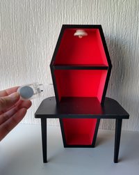1:12 Dollhouse battery lighted coffin showcase with 3 LEDs and a built-in table