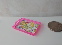 1:12 scale rectangular serving tray with spring florals translucent pink surround and two handles
