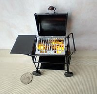 1:12 Dollhouse BBQ grill (metal) with battery operated charcoal glowing / flickering insert Upgraded grate and enlarged left shelf for grilled goodies