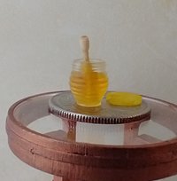 1:12 Dollhouse clear beehive honey jar with immersed wooden dipper and removable yellow lid REF Yellow lid