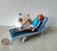 1:12 scale dollhouse chaise lounge with adjustable recline positions - for patio / deck / backyard / pool side / beach REF Blue