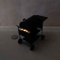 1:12 Dollhouse BBQ grill (metal) with battery operated charcoal glowing / flickering insert Upgraded grate and enlarged surface / service area for grilled goodies